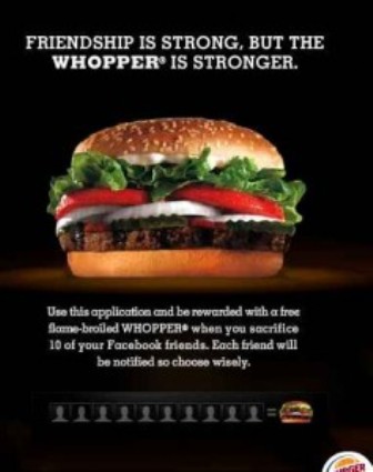 Reklama u kojoj ,,Bugrer King" nudi besplatan hamburger svima koji obrišu deset prijatelja sa Fejsbuka